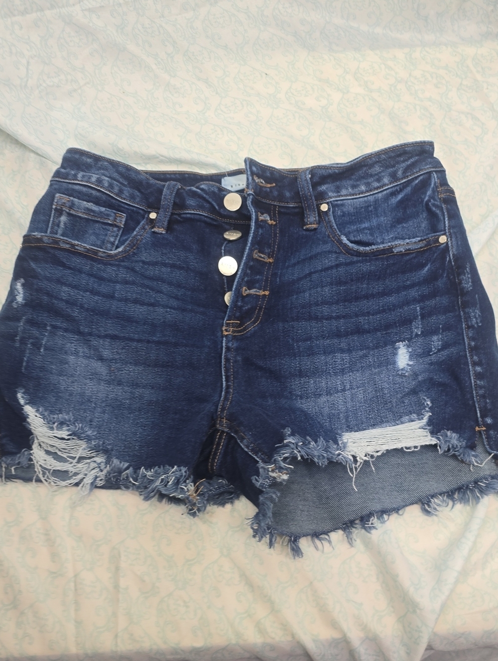 Risen High-Rise Distressed Dark Blue Denim Shorts Size Medium Button Fly